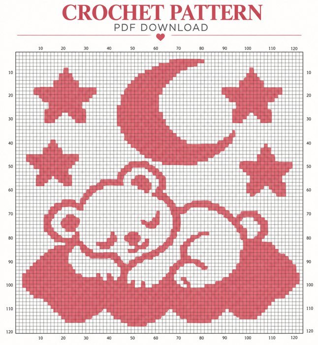 Square-by-square crochet chart for the sleeping bear blanket
