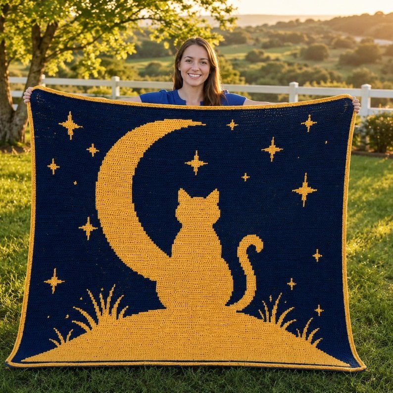 Moon Cat Overlay Mosaic Crochet Blanket Pattern PDF - Mosaic Crochet PDF Pattern