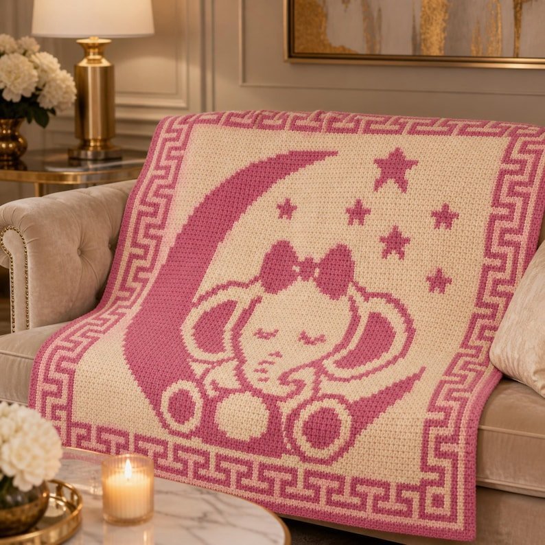 Crochet Elephant Baby Blanket - Pink Nursery Decor - Mosaic Crochet PDF Pattern