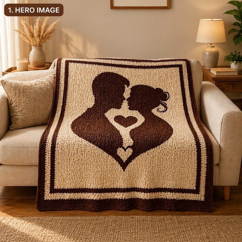 Mosaic Crochet Blanket Pattern - Couple Silhouette Romantic - Mosaic Crochet PDF Pattern