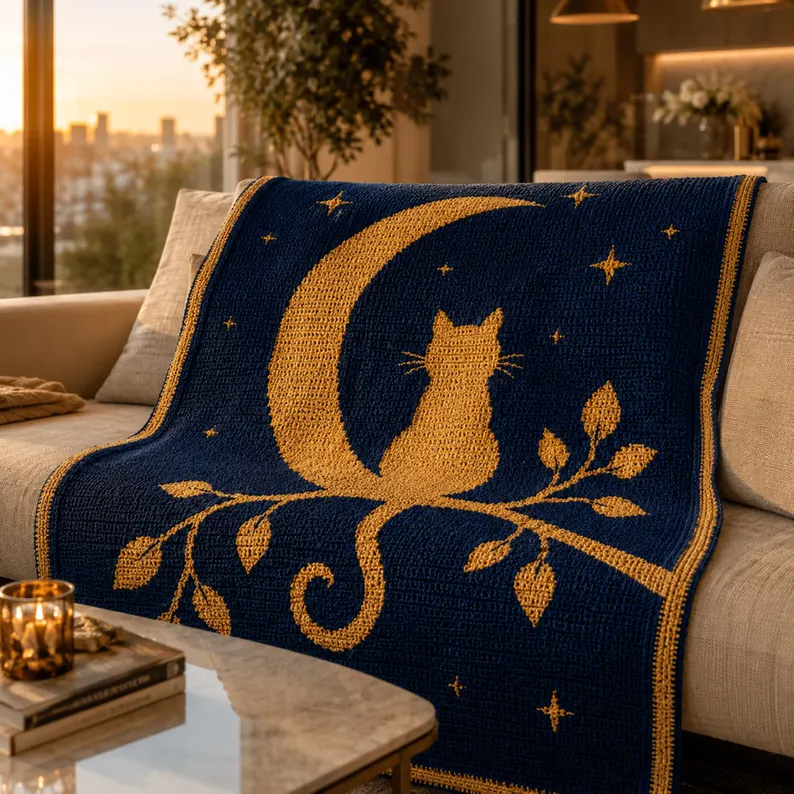 Moonlight Cat Mosaic Crochet Pattern, Overlay Mosaic Crochet Blanket PDF, Celestial Cat Decor, Crochet Chart, Gift for Cat Lovers, Digital - Mosaic Crochet PDF Pattern